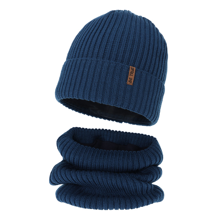 Ensemble d'hiver garçon (bonnet et snood), bleu, avec laine mérinos, Colton