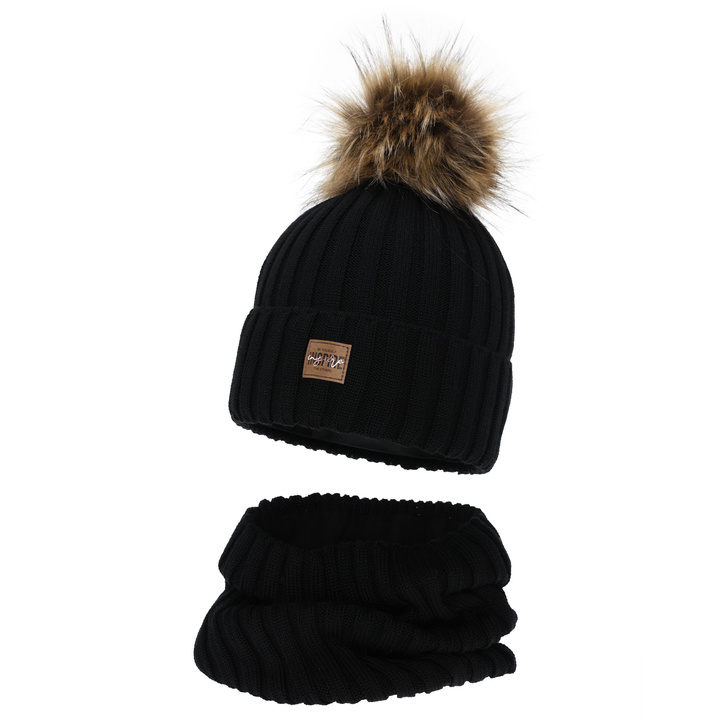 Ensemble d'hiver fille: bonnet et snood, noir, doublé de polaire, avec laine mérinos, Bellina