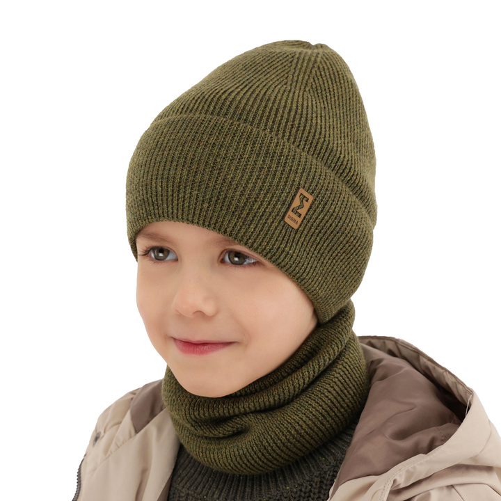 Ensemble automne/printemps garçon: bonnet et snood, khaki, avec laine mérinos, Bruce