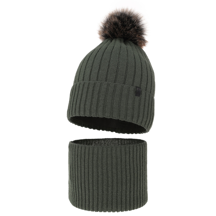 Ensemble d'hiver garçon: bonnet et snood, vert, avec pompon, Relax