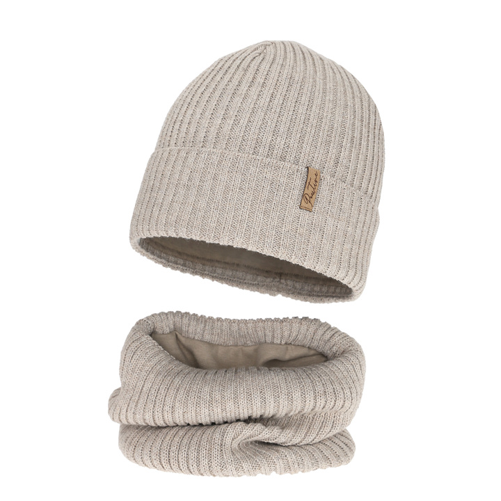 Ensemble d'hiver fille bonnet et snood, doublé de coton, beige, avec laine mérinos, Odette
