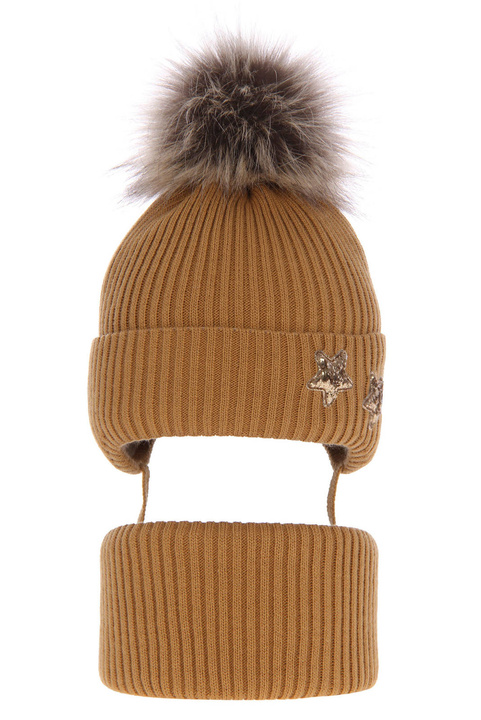 Ensemble d'hiver fille: bonnet et snood, brun, avec liens, Delicja
