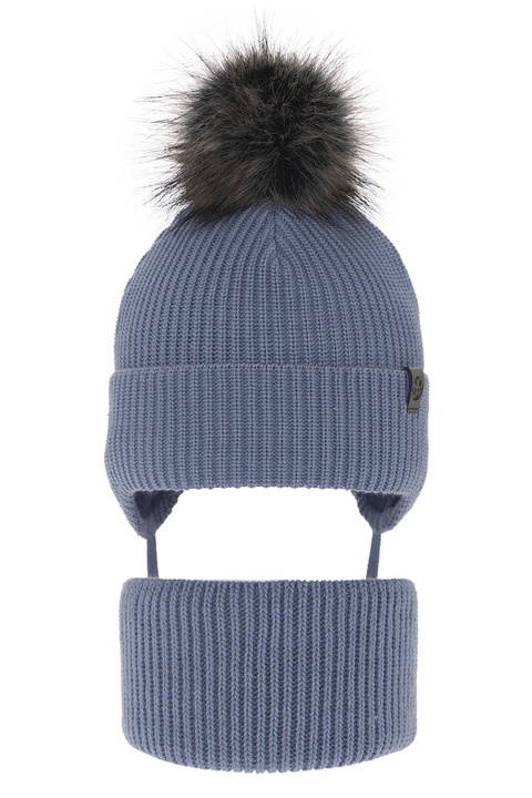 Ensemble d'hiver garçon: bonnet et snood, bleu clair, avec liens, avec pompon, Honed