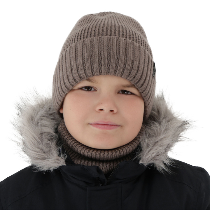 Bonnet et snood pour garçon, ensemble d'hiver, 100% laine mérinos, avec doublure en laine mérinos, marron Harbin