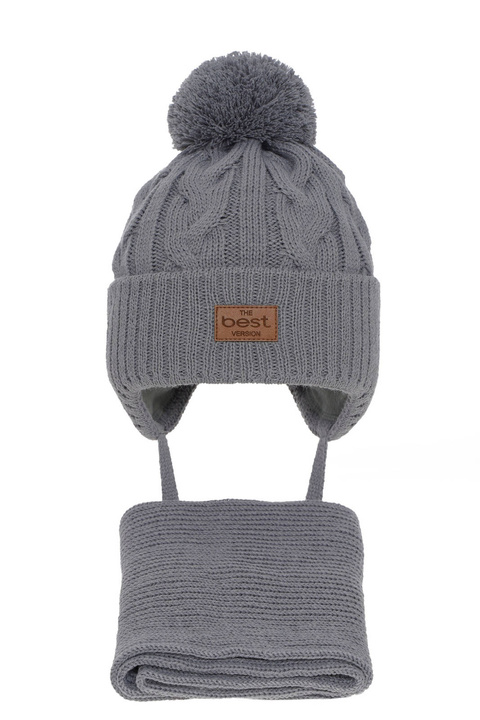 Ensemble d'hiver garçon: bonnet et écharpe, gris, avec pompon, Remix