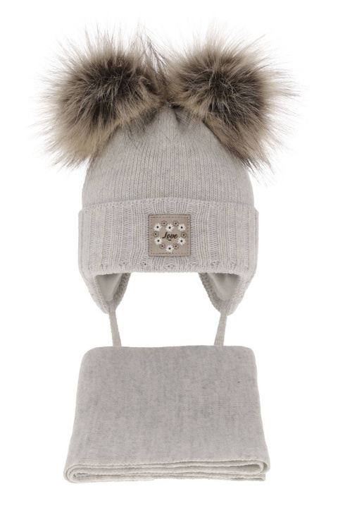 Ensemble d'hiver fille: bonnet et écharpe, gris, avec deux pompons, Jazz