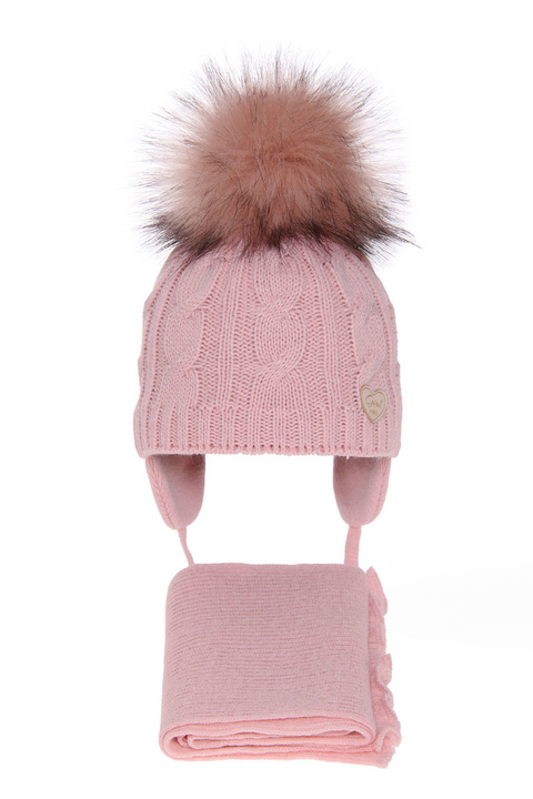 Ensemble d'hiver fille: bonnet et écharpe, rose, avec pompon, Morena