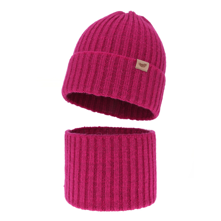 Ensemble d'hiver fille: bonnet et snood, amarante, avec laine mérinos, Karmina