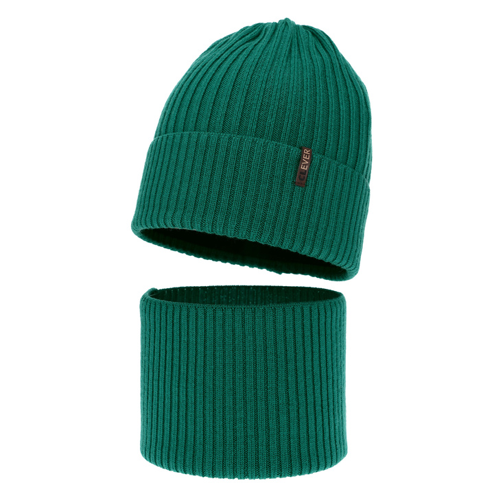 Ensemble d'hiver garçon: bonnet et snood, vert émeraude, avec laine mérinos, Gizmo