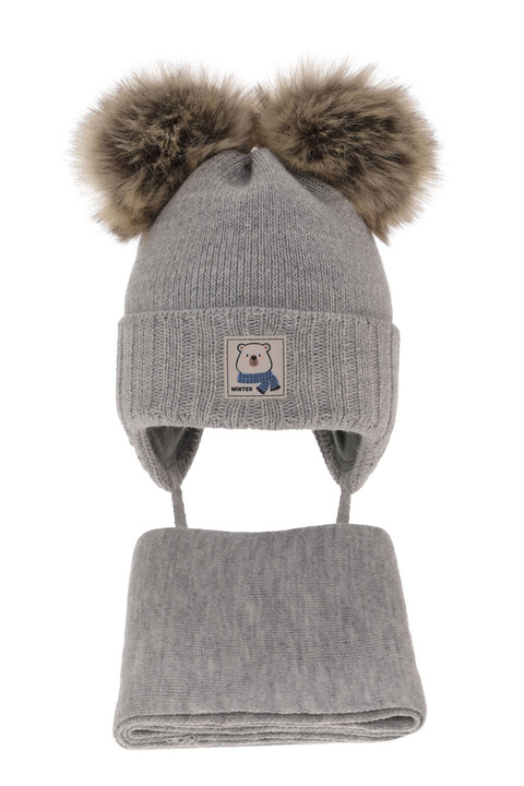 Ensemble d'hiver garçon: bonnet et écharpe, gris, avec deux pompons, avec liens, Jewel