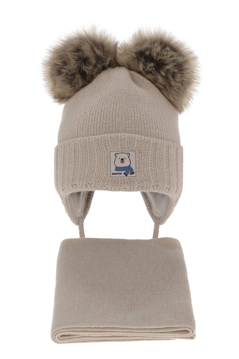 Ensemble d'hiver garçon: bonnet et écharpe, beige, avec deux pompons, Jewel