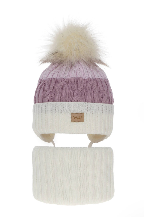 Ensemble d'hiver fille: bonnet et snood, crème, avec pompon, Riviera