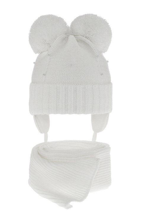 Ensemble d'hiver fille: bonnet et écharpe, blanc, avec deux pompons, wiązany Fibien