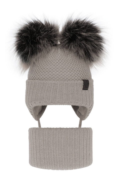 Ensemble d'hiver garçon: bonnet et snood, beige, avec deux pompons, avec liens, Randel