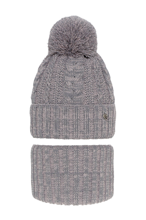 Ensemble d'hiver fille: bonnet et snood, gris, avec pompon, Maroko