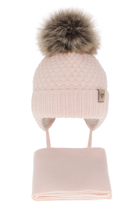 Ensemble d'hiver fille: bonnet et écharpe, rose clair, avec pompon, Bianca