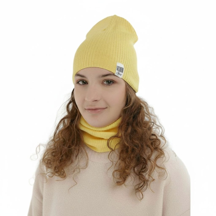 Ensemble automne/printemps fille: bonnet et snood, avec coton, jaune, Farinka