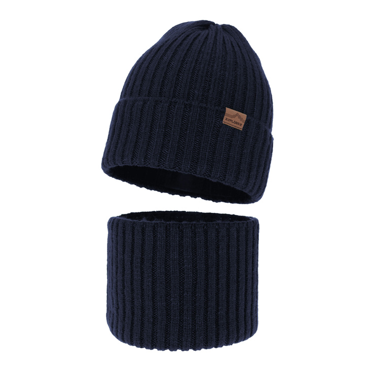Ensemble d'hiver garçon: bonnet et snood, bleu marine, avec laine mérinos, Karmin