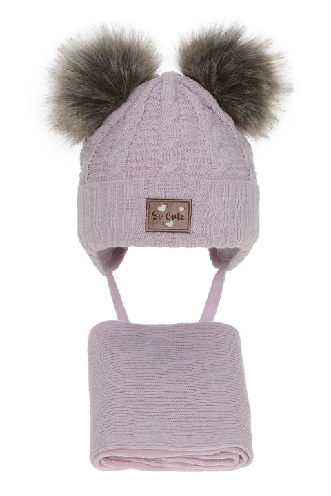 Ensemble d'hiver fille: bonnet et écharpe, lilas, avec deux pompons, avec fil brillant, wiązany Klarita