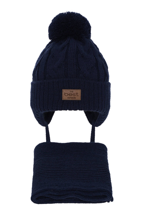 Ensemble d'hiver garçon: bonnet et écharpe, bleu marine, avec pompon, Remix