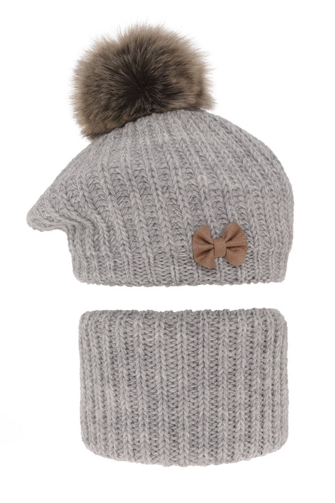 Ensemble d'hiver fille: béret et snood, gris, avec pompon, Polinezja