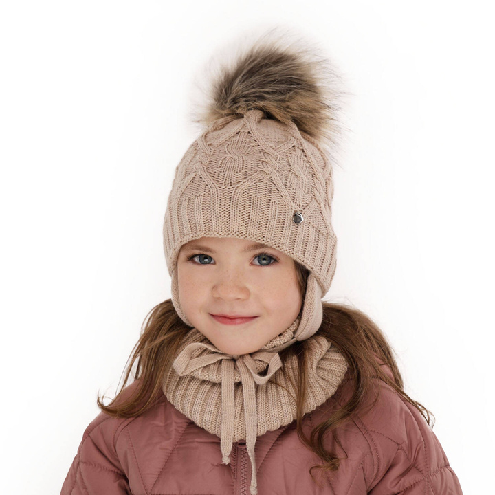 Ensemble d'hiver fille: bonnet et snood, beige, avec pompon, Elena
