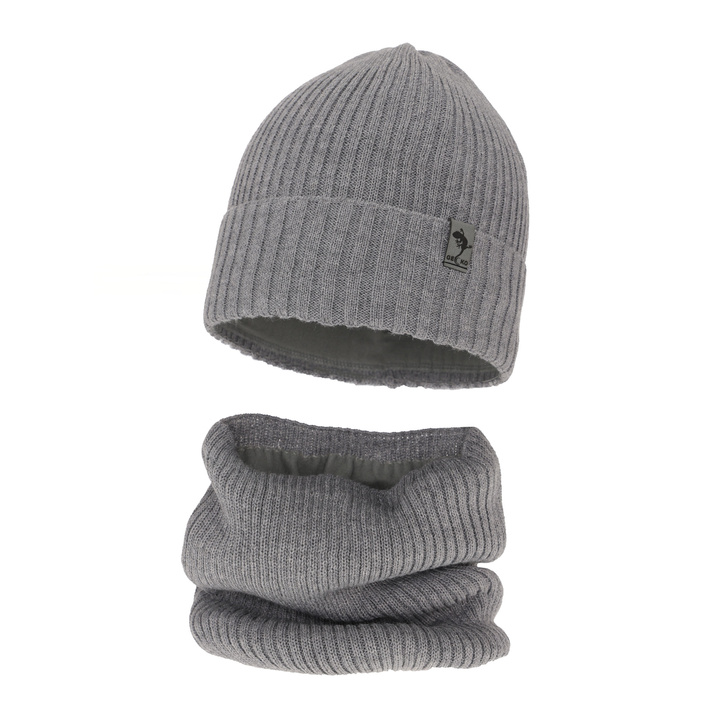 Ensemble d'hiver garçon: bonnet et snood, gris clair, avec laine mérinos, Gecko