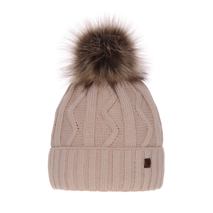Bonnet d'hiver femme, beige, avec pompon, Renika