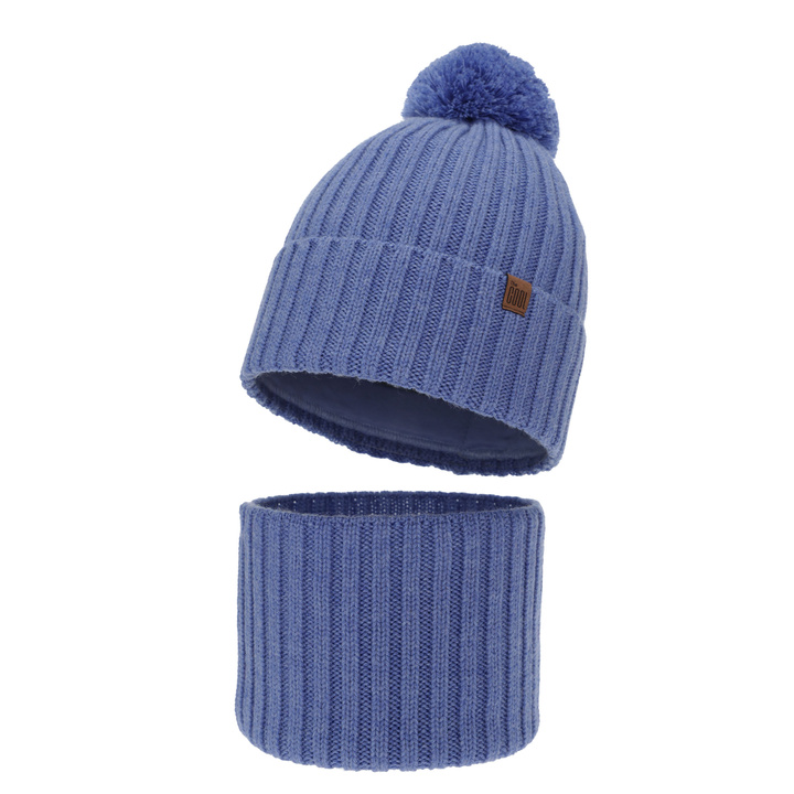 Ensemble d'hiver garçon: bonnet et snood, bleu, 100% laine mérinos, doublé de coton, Tolmar