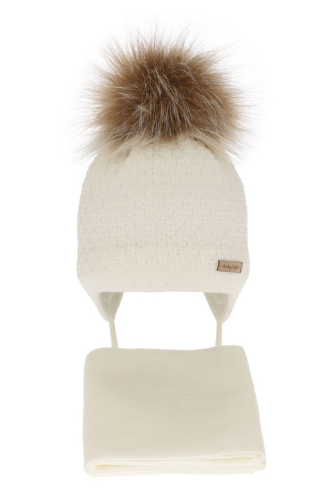 Ensemble d'hiver fille: bonnet et écharpe, crème, avec pompon, Clotilde