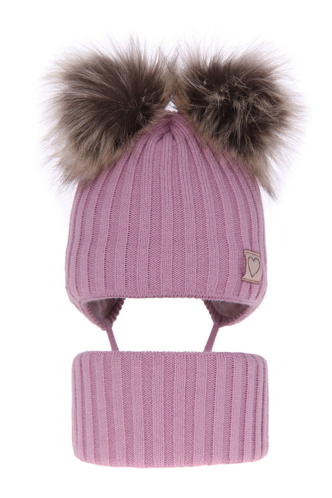 Ensemble d'hiver fille: bonnet et snood, violet, avec deux pompons, avec liens, Telisa