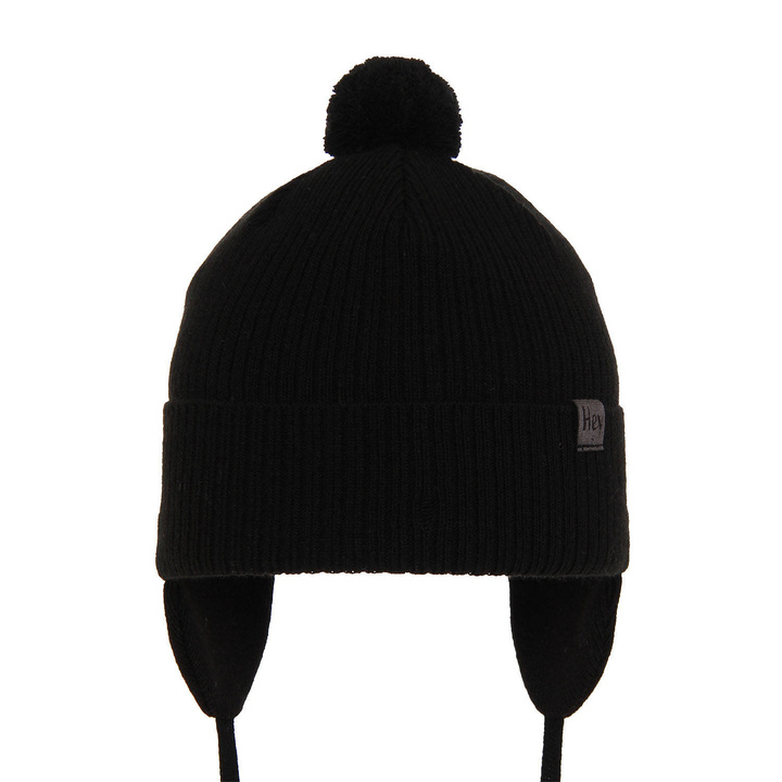 Bonnet automne/printemps garçon, noir, avec pompon, avec liens, Axel