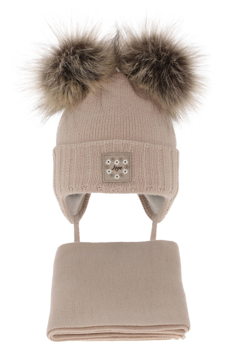 Ensemble d'hiver fille: bonnet et écharpe, beige, avec deux pompons, Jazz