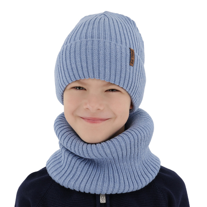 Ensemble d'hiver garçon (bonnet et snood), bleu ciel, avec laine mérinos, Colton