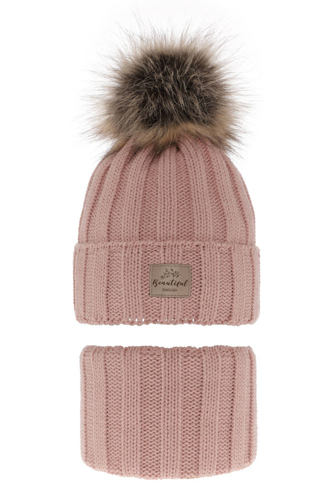 Ensemble d'hiver fille: bonnet et snood, rose, avec pompon, Kaliope