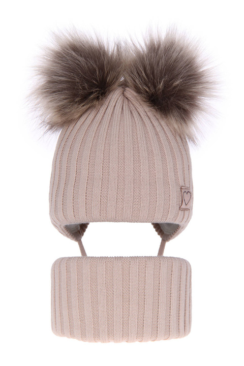 Ensemble d'hiver fille: bonnet et snood, beige, avec deux pompons, avec liens, Telisa
