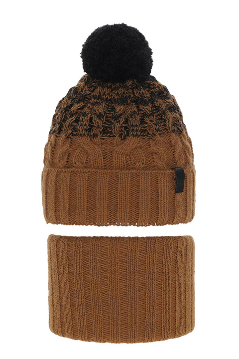 Ensemble d'hiver garçon: bonnet et snood, brun, avec pompon, Travis