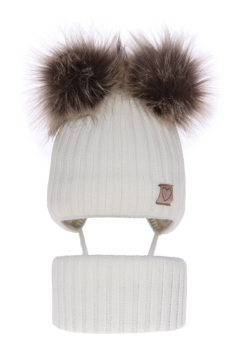 Ensemble d'hiver fille: bonnet et snood, blanc, avec deux pompons, wiązany, Telisa
