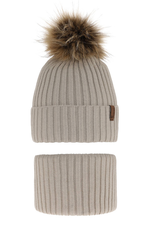 Ensemble d'hiver garçon: bonnet et snood, beige, avec pompon, Onyks