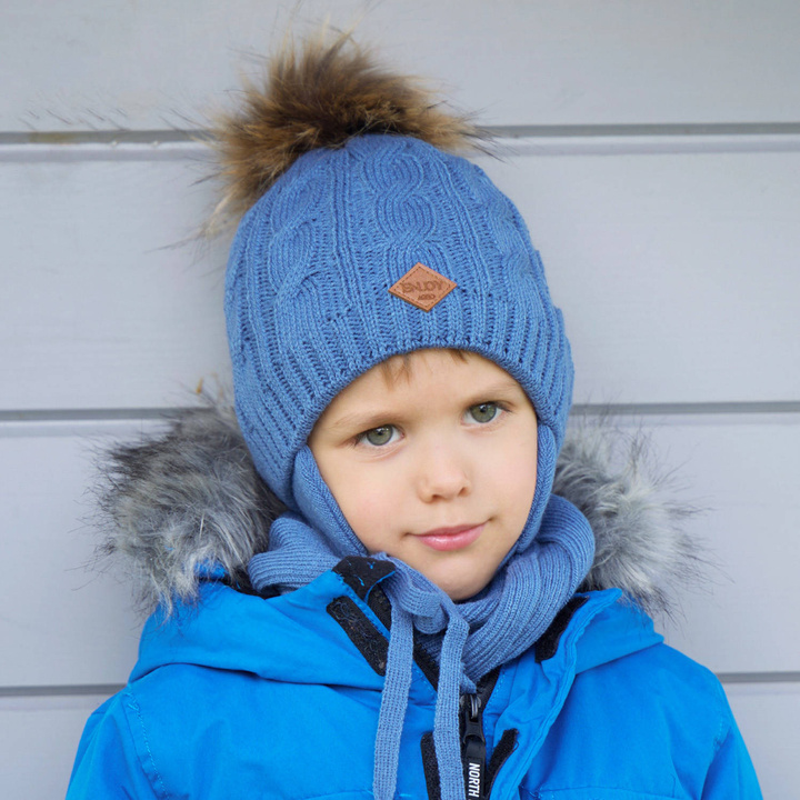 Ensemble d'hiver garçon: bonnet et écharpe, bleu, avec pompon, Minor