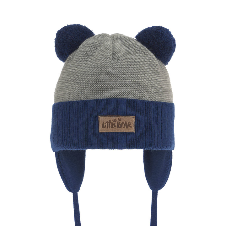 Bonnet automne/printemps garçon, bleu marine, avec deux pompons, avec liens, Gigant