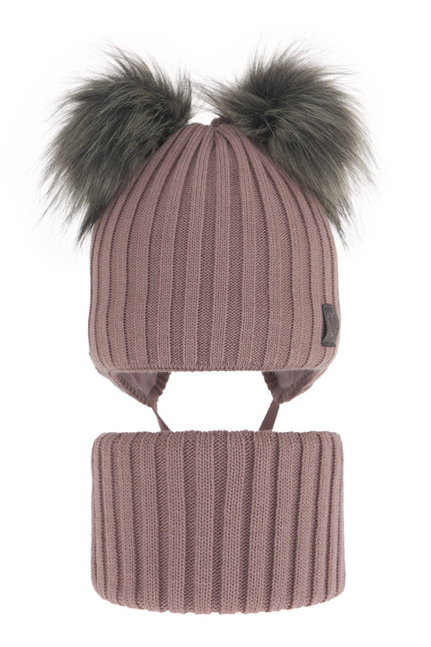 Ensemble d'hiver fille: bonnet et snood, rose, avec deux pompons, avec liens, Telisa