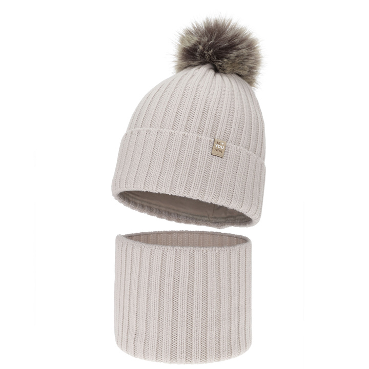 Ensemble d'hiver fille: bonnet et snood, beige, 100% laine mérinos, doublé de coton, avec pompon, Terida