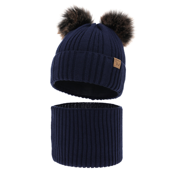 Ensemble d'hiver garçon: bonnet et snood, bleu marine, avec deux pompons, Bilard