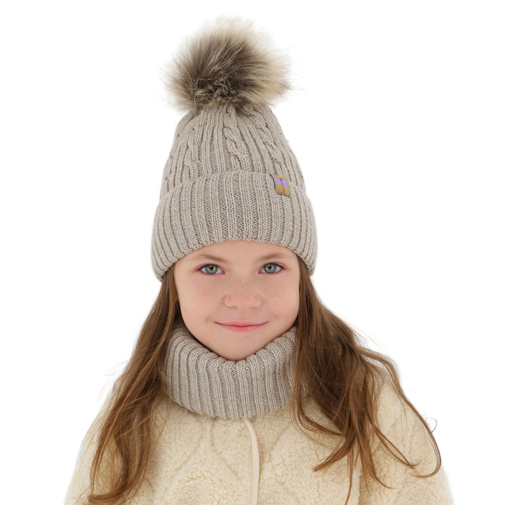 Ensemble d'hiver fille: bonnet et snood, beige, avec pompon, avec laine mérinos, Aprilia