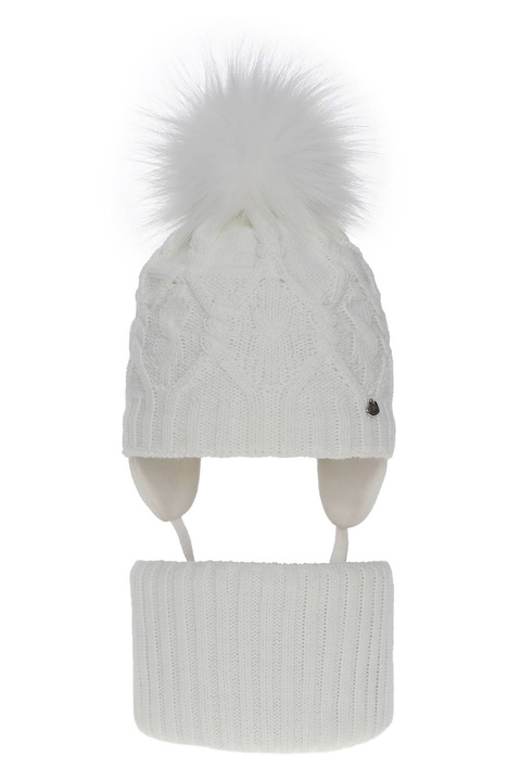 Ensemble d'hiver fille: bonnet et snood, blanc, avec pompon, Elena