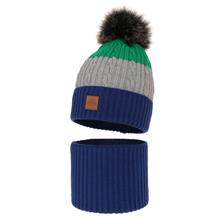 Ensemble d'hiver garçon: bonnet et snood, bleu, avec pompon, Luxor