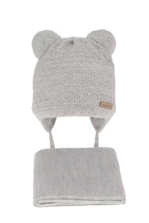 Ensemble d'hiver garçon: bonnet et écharpe, gris, avec deux pompons, lié, Franki
