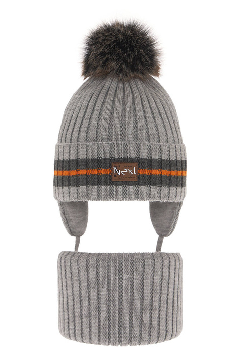 Ensemble d'hiver garçon: bonnet et snood, gris clair, avec pompon, Echo