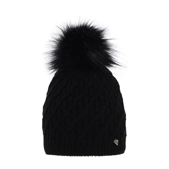 Bonnet d'hiver femme, noir, avec pompon, Kaskada